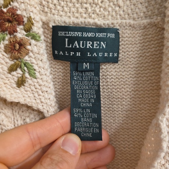 RALPH LAUREN WOMENS  HAND KNIT CARDIGAN SWEATER BEIGE EMBROIDERED COTTON MEDIUM - Picture 7 of 9